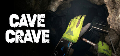 Cave Crave logo beside a first-person view of gloved hands gripping caving gear inside a dark tunnel