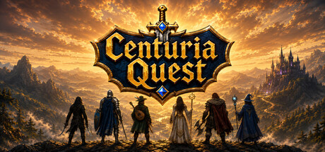 Centuria Quest key art showing six silhouetted hero classes facing a distant castle at sunset