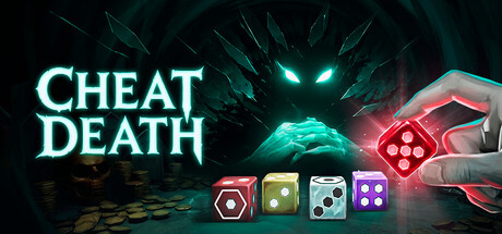 Header art for Cheat Death showing the game's logo beside a ghostly skeletal figure with glowing eyes and a hand holding a glowing red die, with four colored dice lined up below