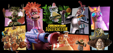 Key art for Chicken Run Eggstraction showing the returning cast of chicken and hatchling characters around the game's logo