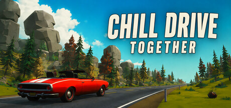 Key art showing a red convertible driving down a forest road past autumn trees and mossy boulders