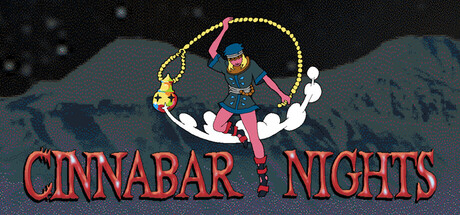 A hand-drawn figure with a bindle leaping across the Cinnabar Nights logo against a dark mountain sky