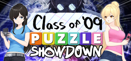 Header art for Class of '09: Puzzle Showdown showing series characters Nicole and Kelly on either side of a shadowy masked figure, next to the game's colorful title logo