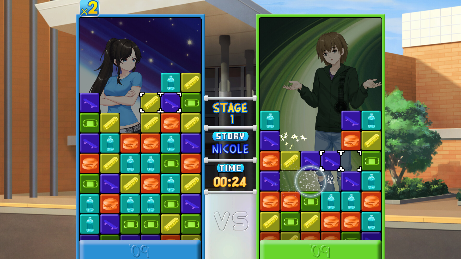 Split-screen versus puzzle match between Nicole and Crispin, each with a falling-block grid of drink, skateboard, burger, and cash-register icons, a stage counter, and a 24-second timer between them