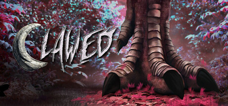 Key art for Clawed showing the game's logo beside a large dinosaur's clawed feet standing in a stylized pink-and-teal overgrown jungle