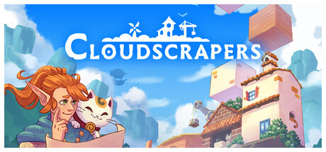 Cloudscrapers logo art with a character and cat perched above a cloud city
