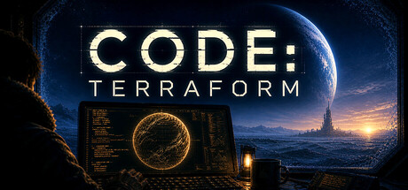 Code: Terraform key art of a colonist looking out at an alien planet through a laptop screen showing code and a glowing map