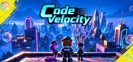 Code Velocity key art showing a snake, bear, and rabbit police officer standing on a rooftop overlooking the neon-lit skyline of New Metropolis