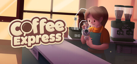 Key art for Coffee Express: Barista Simulator, showing a barista steaming milk at the counter