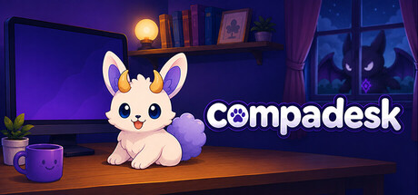 Key art showing a small white horned rabbit-like companion sitting on a desk beside a smiling cat-face mug and a lit lamp, with the CompaDesk logo and bats flying past a night window in the background