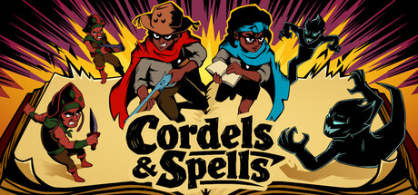 Cordels & Spells key art showing four cartoon heroes leaping from an open cordel chapbook against a starburst background