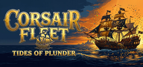 Corsair Fleet: Tides of Plunder logo beside a pirate galleon sailing into a golden sunset