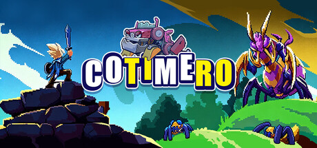 The game's logo between a sword-wielding hero on a rocky outcrop and a large purple insectoid boss creature, with smaller spider-like enemies below