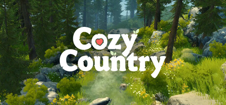 The Cozy Country logo set among a sunlit forest path lined with wildflowers and moss-covered rocks