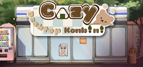 Cozy Desktop Konbini logo in rounded brown lettering over a pastel-toned illustrated convenience store storefront with a drink vending machine outside and a small bear mascot peeking from the top