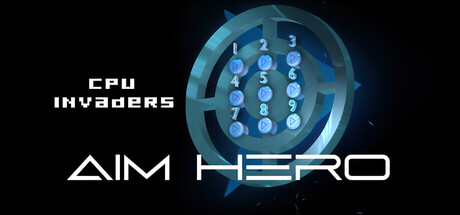 The CPU Invaders - Aim Hero logo above a circular target reticle marked with a numbered dial pad from 1 to 9, rendered in dark blue and teal