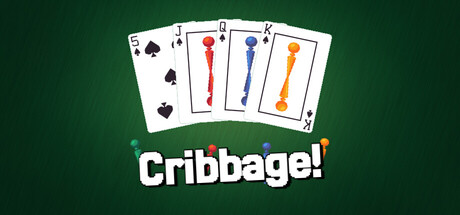 Four playing cards fanned above the Cribbage! logo on a green felt background