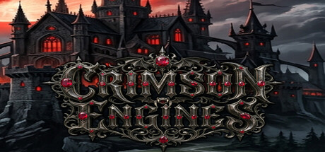 The Crimson Engines wordmark logo carved in ornate red-jeweled letters over a gothic castle silhouette under a blood-red sky