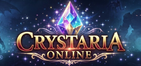 The Crystaria Online logo beneath a glowing multicoloured crystal shard against a starry night sky