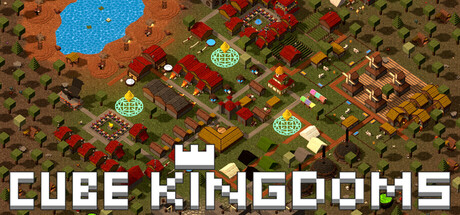 An overhead isometric voxel view of a fantasy village with red-roofed houses, farmland and glowing runic circles, behind the block-lettered "Cube Kingdoms" logo