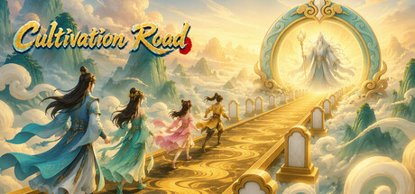 Four cultivators walk a golden road toward a glowing celestial gate beneath a radiant sky, beside the Cultivation Road logo