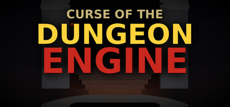 Header art for Curse of the Dungeon Engine showing the game's title in yellow and red block lettering above a dark stone archway and stairway descending into shadow, set against a plain black background