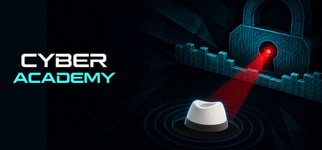 Cyber Academy title art showing a red-beamed sensor targeting a digital castle wall topped by a glowing padlock icon