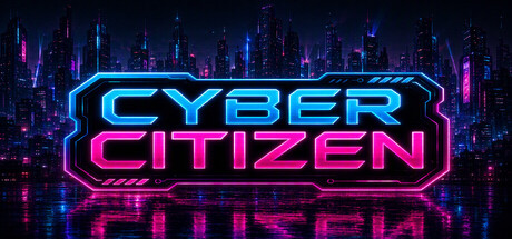 Cyber Citizen logo in neon blue and pink over a cyberpunk city skyline