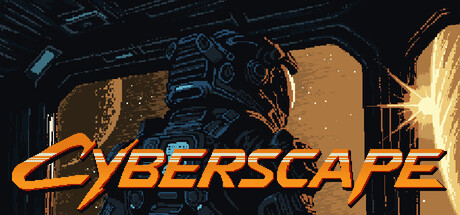 Pixel-art key art for Cyberscape showing an armored space marine silhouette beside the game's glowing orange title logo