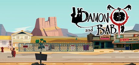 The 'DAMON and BABY' logo over a stylized desert Arizona main street with a rock mesa in the background, a chain-link fence, a diner sign, and a small silhouetted figure standing near a lamppost