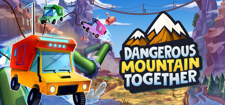 Dangerous Mountain Together key art, with two cartoon trucks tethered together by a rope over a canyon beside the game's logo and snow-capped mountain