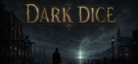 Dark Dice title art showing a lone figure silhouetted against a foggy harbor at night