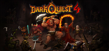 Dark Quest 4 key art showing a battle-ready barbarian hero flanked by allies and monstrous enemies