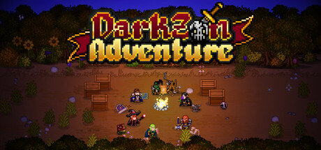 Darkzan Adventure pixel-art logo over a party of heroes gathered around a campfire at night
