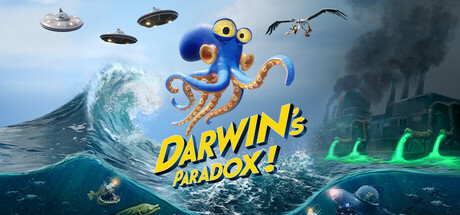 Darwin's Paradox! key art showing the cartoon octopus Darwin rising from a wave beneath alien ships and a polluted industrial skyline