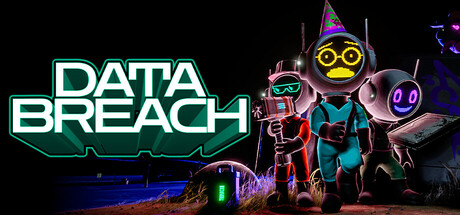 DATA BREACH key art, three cartoonish robot crew members standing on a train platform at night