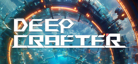 The angular 'Deep Crafter' logo over a glowing blue circular industrial platform ringed with conveyor tracks and machinery, set against a hazy sky