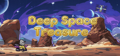 Deep Space Treasure key art showing a small cartoon spacecraft flying over a rocky alien desert beneath a purple ringed-planet sky