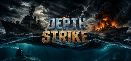 DEPTH STRIKE key art showing a battleship silhouette against a stormy sea with a burning ship in the distance