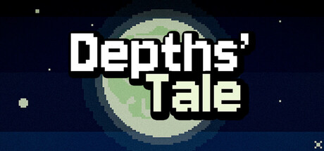 Pixel-art logo for Depths' Tale over a pale moon against a dark night sky