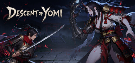 Key art showing a ronin swordsman and a pale yokai warrior facing off before a torii gate, beside the 'Descent of Yomi' logo