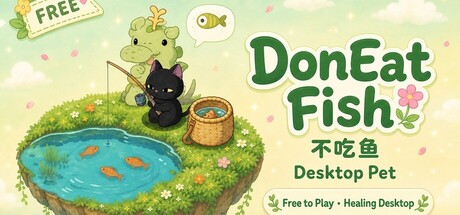 Key art showing a small dragon fishing beside a black cat on a floating grassy island, with the DonEatFish logo and a Free to Play banner