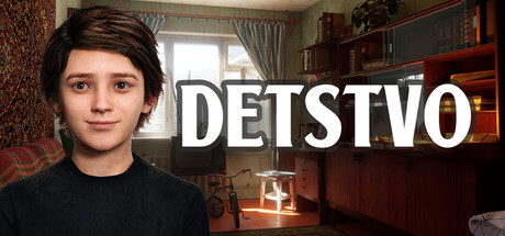 DETSTVO key art showing a young boy in a cluttered Soviet-era apartment room, with the game's logo overlaid on the window and bookshelf behind him