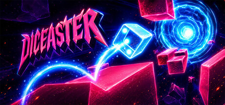 Header art for DICEASTER showing a glowing blue die with two pips arcing over jagged pink crystalline terrain toward a swirling blue vortex, with the game's jagged pink metal-style logo lettering on the left against a starry black background