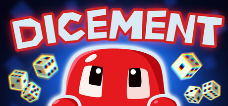 The Dicement logo in bold white and red letters above a round red mascot character surrounded by floating dice, on a dark blue background