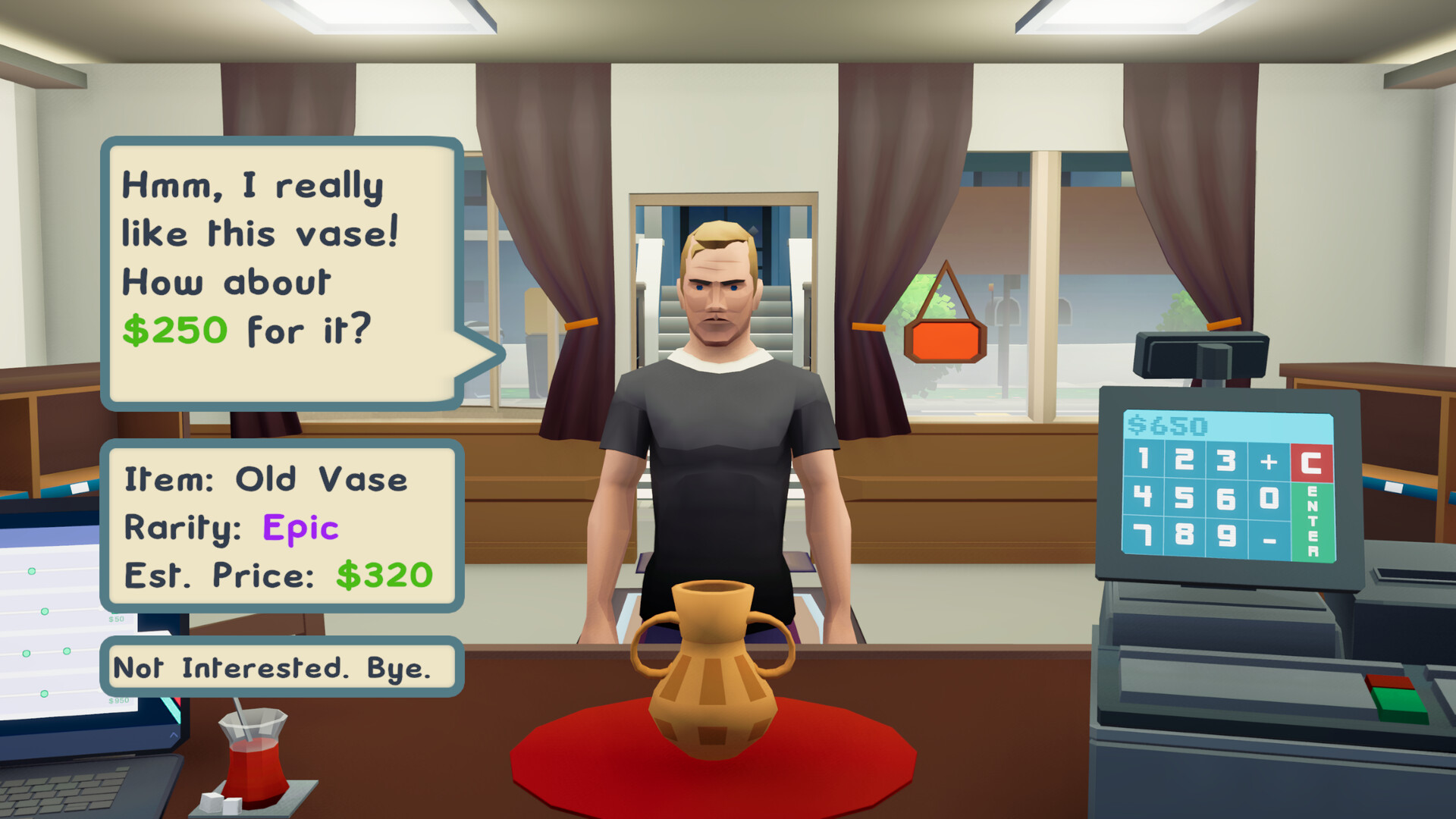 A customer at the shop counter offering $250 for an Old Vase item rated Epic rarity, with an estimated price of $320 shown alongside a cash register
