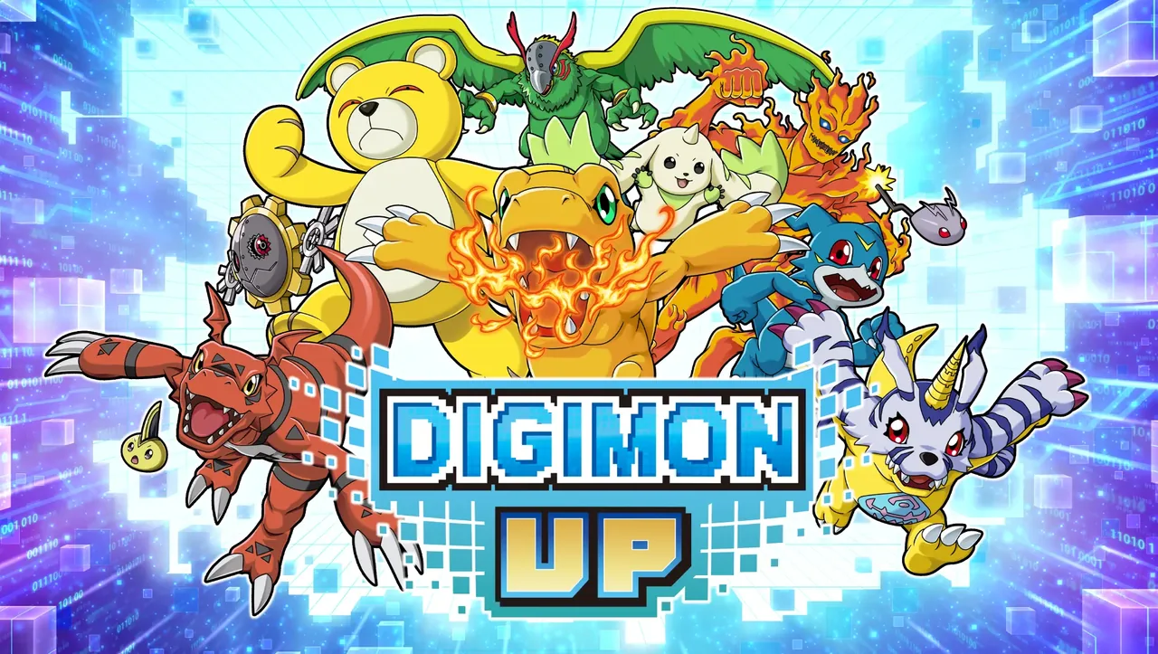 Official key art for DIGIMON UP showing the game's roster of Digimon partners