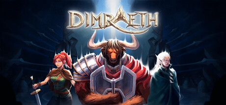 Dimraeth key art showing three fantasy heroes, a horned bull-like warrior flanked by a red-haired swordswoman and a pale robed figure