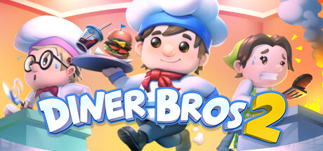 Diner Bros 2 key art showing three cartoon chefs, one carrying a burger on a tray, against a fiery orange kitchen backdrop
