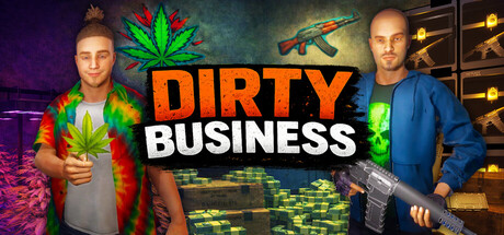 Header art for Dirty Business showing an underground criminal hideout with drug production equipment and a weapon printer